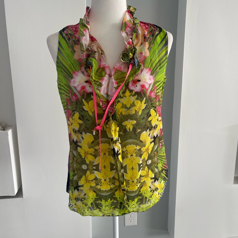 Floral Ruffle Tie-Neck Sleeveless Top - Green Yellow Pink